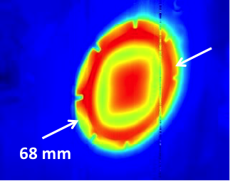 Figure 3. yttrium–aluminum garnet slab temperature profile at 60-hz pulse-repetition frequency. peak temperature (red) is 107°c. background temperature (blue) is 18°c.