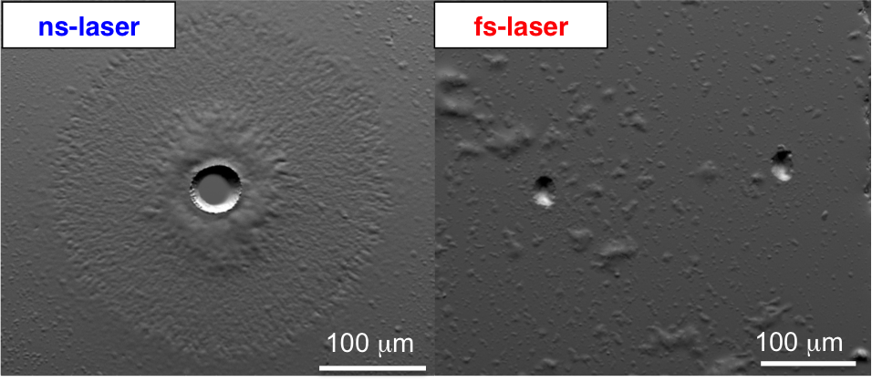 A comparison of the effectiveness for nanosecond (ns) and femtosecond (fs) laser pulses for ablation and atomization of nuclear fallout surrogate material. the ns-laser damages several hundred microns of the sample even when using a laser with only a 30-μm-spot diameter because of the internal stresses in the glassy material. the fs-laser damage is limited to the crater, enabling reliable analyses. these experiments are essential to developing new analytical characterization techniques that can be applied t