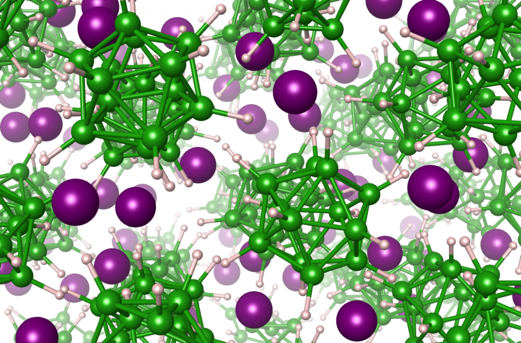 Structural dynamics of a lithium closoborane solid electrolyte, showing the disorder of lithium atoms (purple) as they diffuse through the solid material.