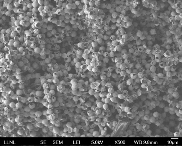 Electron microscope image of a prototype 550-mg/cm<sup>3</sup> gold foam we have developed. low-density gold foam is used to line the hohlraum target-capsule wall in the alternate hohlraum designs we are exploring for laser fusion research. this foam will be used in laser experiments in fy16.