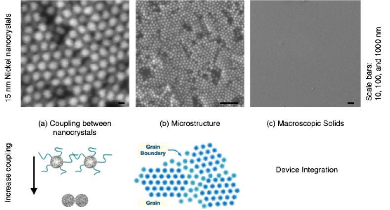  figure 1. an electrophoretic-deposited nickel nanometer-scale crystal film at three scales of interest: (a) the nanocrystal–nanocrystal spacing and geometry, which dominates spin coupling and transport; (b) the grain size, which influences transport and scattering; and (c) macroscopic form, which influences device integration. the individual nanocrystals are 15 nm with spacing set by oleic acid ligands.
