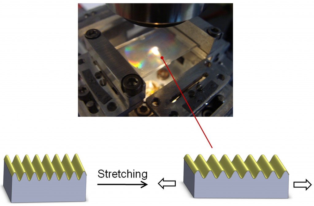 Low-cost, stretch-tunable diffraction gratings fabricated via thin-film wrinkling.