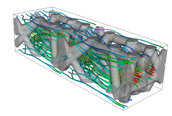 Computer simulation of a flow-through electrode optimized for minimal pressure. Color of the flow lines indicate relative fluid velocity, with red indicating a fast flow and blue a slow flow.