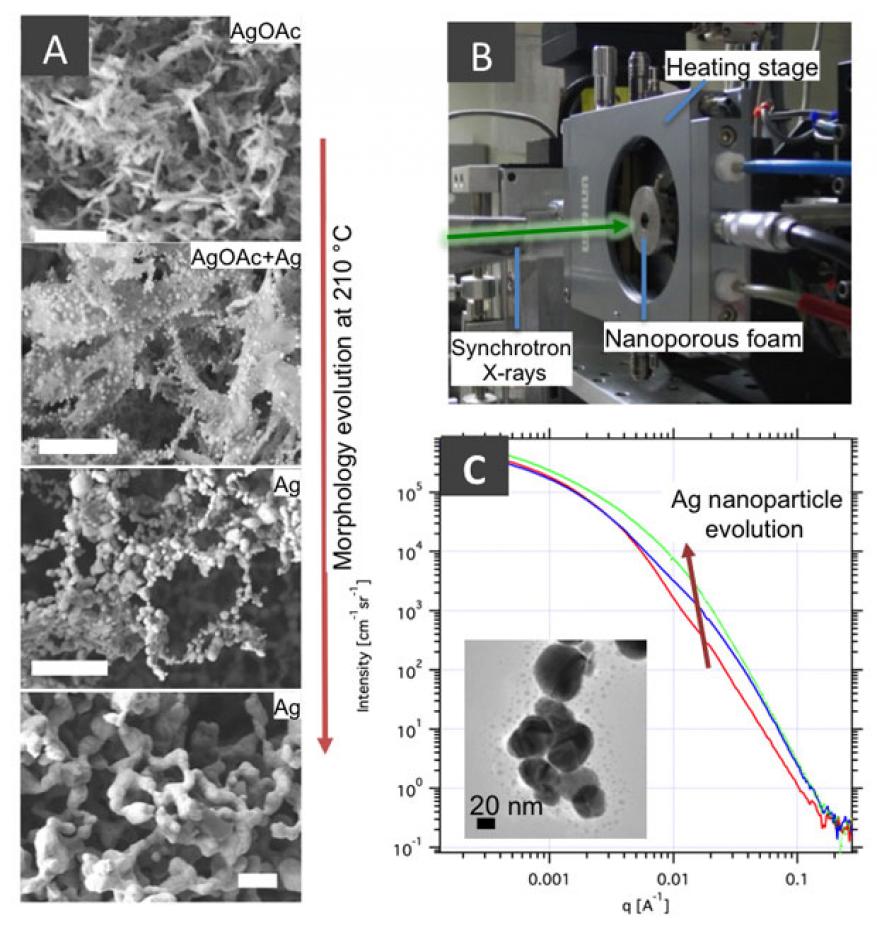 We are developing nanometer-scale porous metals derived from low-density salts, which requires chemical and thermal treatment while retaining the desirable low-density structure. here, thermal conversion of silver acetate (agoac) to silver metal is studied and optimized using scanning electron microscopy, which provides an overview of the dramatic changes (a). a heated sample stage was employed (b) to obtain in situ synchrotron-based ultra-small angle x-ray scattering (c), where the evolution of nanometer s