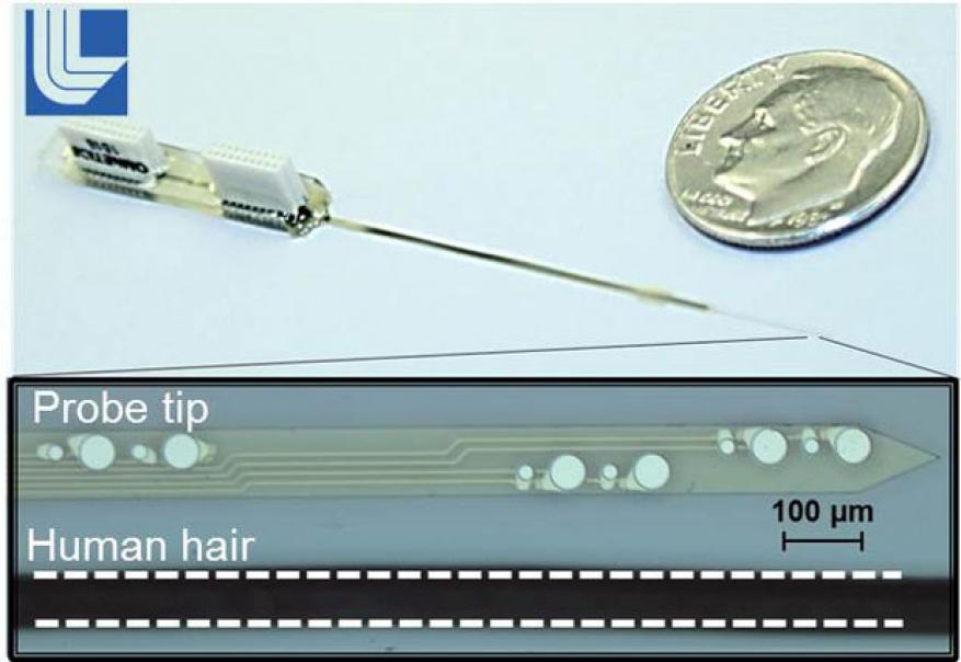 We have developed a device capable of recording electrical and chemical changes in the body to enable a fundamental understanding of the body's response to bio-agents and drugs. the bottom inset is a magnified image of the tip of our sensor probe as compared to the width of a human hair. the white circular areas are individual chemical and electrical sensors.