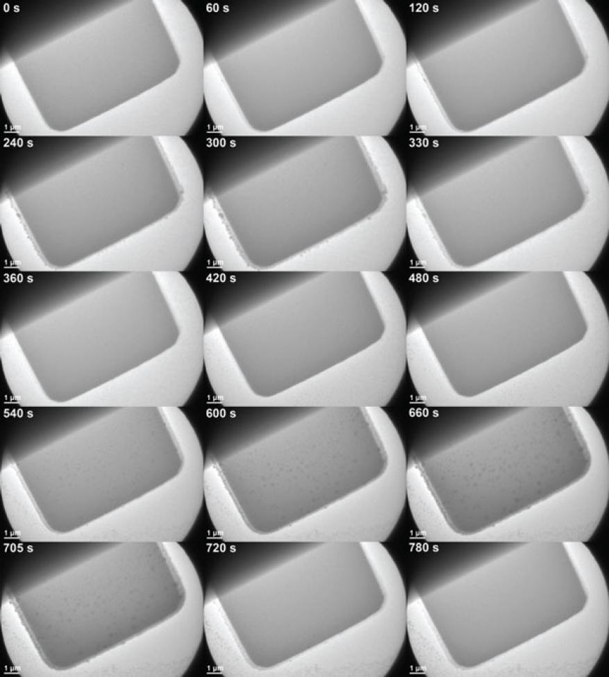 Figure 1. selected frames from an in situ transmission electron microscopy video show two cycles of nickel deposition and stripping from an electrode as the bias is swept between +/−2.2 v.