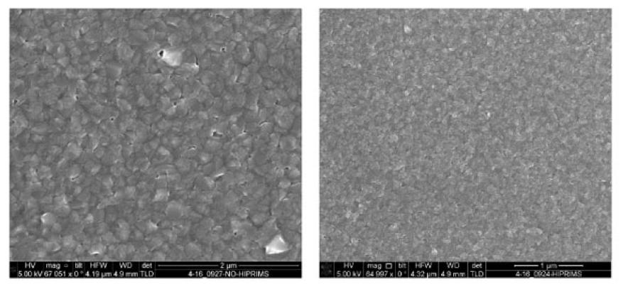 Figure 4. scanning electron microscopy image of aluminum at 67,000x without high-power impulse magnetron sputtering (left), and at 65,000x with high-power impulse magnetron sputtering (right).
